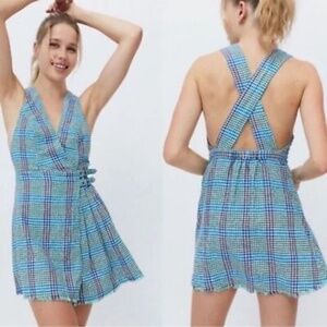 Chandler Blue Green Linen Western Buckle Plaid Mini Dress Urban Outfitters